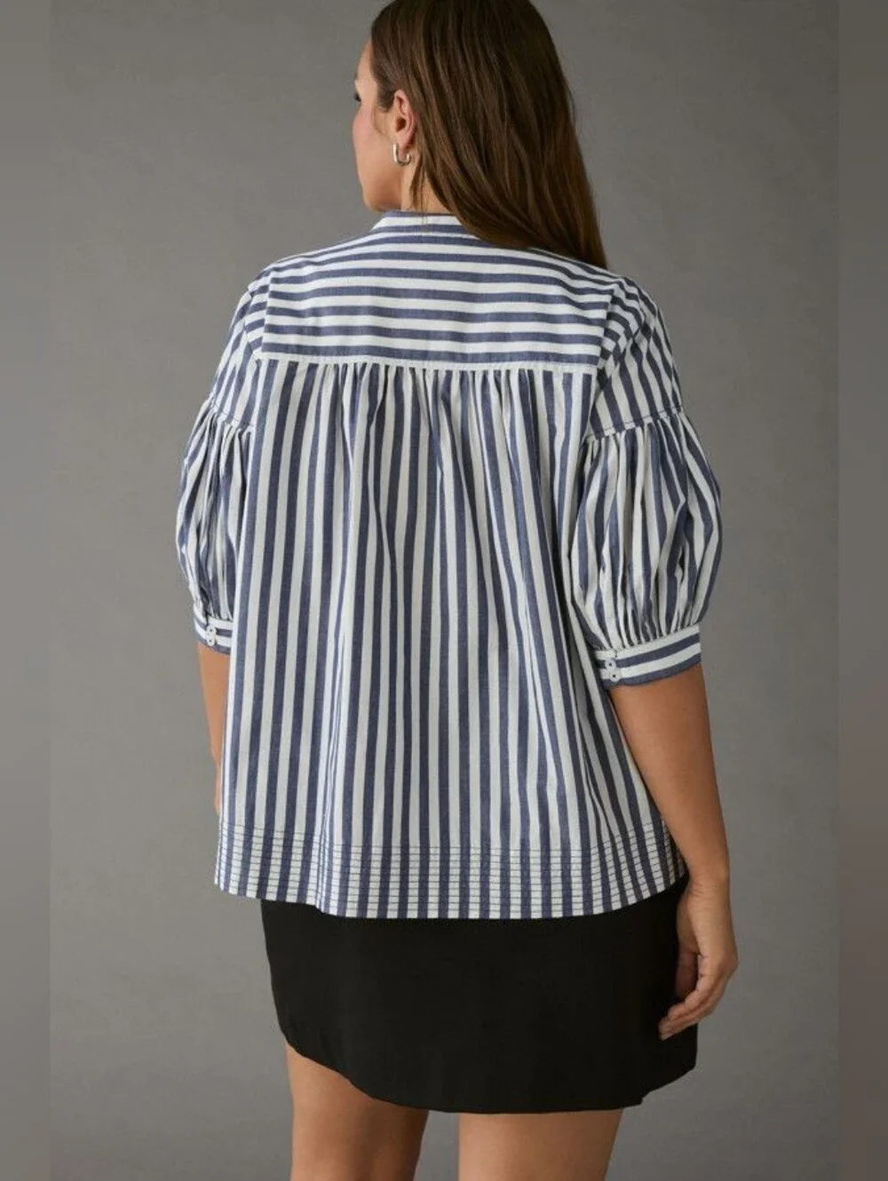 Anthropologie 100% Cotton Navy and White Striped Puff-Sleeve Blouse Size 1X